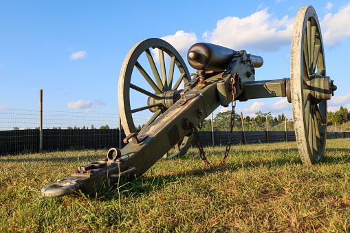 Back view of a blue M1857 12-Pounder, the Napoleon, an American civil war cannon at Shiloh National Military Park.