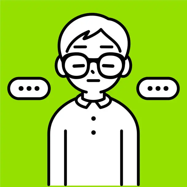 Vector illustration of A boy wearing Horn-rimmed glasses, standing with his eyes closed, not knowing what he is thinking, a minimalist style, black and white outline