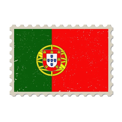 Portugal grunge postage stamp. Vintage postcard vector illustration with Portuguese national flag isolated on white background. Retro style.