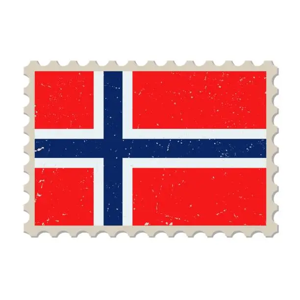 Vector illustration of Norway grunge postage stamp. Vintage postcard vector illustration with Norwegian national flag isolated on white background. Retro style.