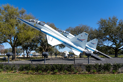 Houston, Texas, USA - March 12, 2022: Two Northrop T-38 Talon supersonic jet trainers displayed at Talon Park in the Johnson Space Center in Houston, Texas, USA on March 12, 2022.