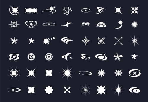 Sparkle, starburst, twinkle, star burst, sunray, sunbeam and sunburst icons set. Y2K design element.