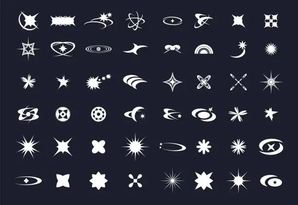 Vector illustration of Sparkle, starburst, twinkle, star burst, sunray, sunbeam and sunburst icons set. Y2K design element.