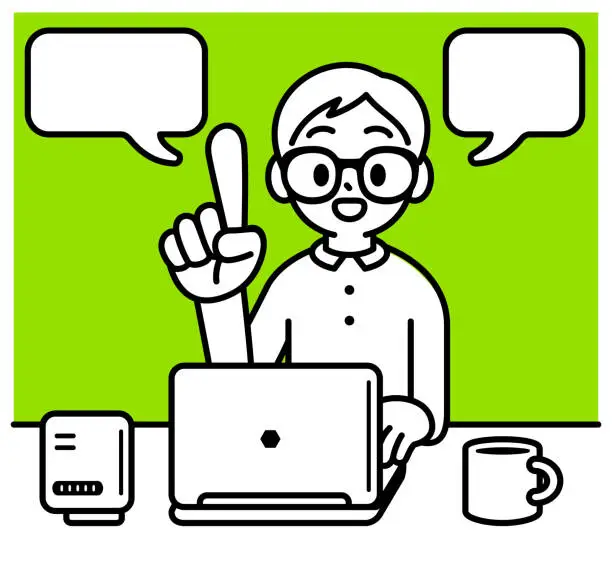 Vector illustration of A studious boy with Horn-rimmed glasses sitting at a desk and using a laptop, pointing upwards with his index finger and explaining, minimalist style, black and white outline