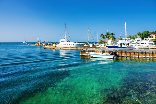 Harbor with boats on Saint Croix Island, US Virgin Islands.