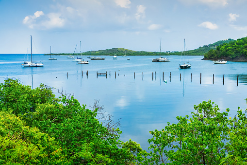 Landscape with harbor and boats, Saint Croix Island, US Virgin Islands.