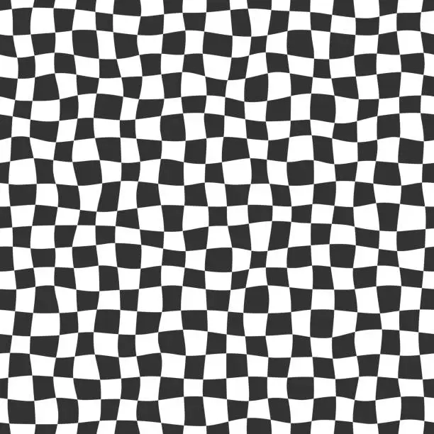 Vector illustration of Groovy psychedelic wavy chessboard seamless pattern. Hippie twisted gingham checkerboard background. Checker retro psychedelic seamless texture. Vector illustration isolated on white background