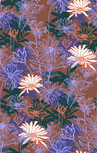 Outline wild flowers chamomiles drawn by hand seamless  swatch on brown. Vector floral endless design in freehand style for textile, fabric, wallpaper, home decor, bedding, package.