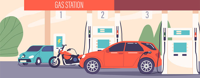 Cars And Bike Queued Up At The Gas Station. Vehicles Are Refueling with Energy or Gasoline. Drivers Are Filling Up Their Tanks And Preparing For Their Journeys Ahead. Cartoon Vector Illustration