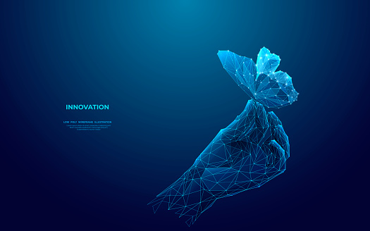 Abstract human hand-holding digital blue butterfly. Freedom and beauty concept. Close-up hand. Low poly wireframe vector illustration in hologram x-ray style. Technology geometry polygonal image.