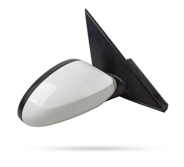 Close-up on a side mirror from a car with turn signal repeaters for repair and replacement after an accident in a workshop. Auto service industry. Spare parts catalog.