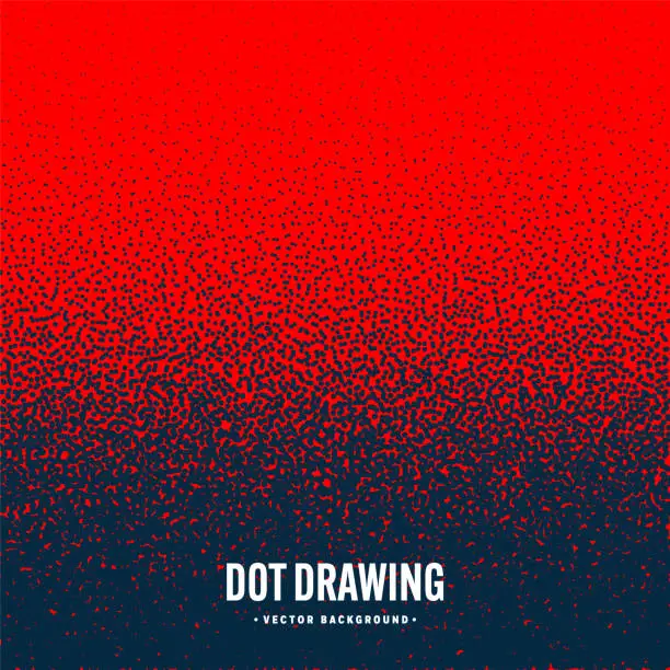 Vector illustration of Stipple pattern, red dotted geometric background. Stippling, dotwork drawing, shading using dots. Pixel disintegration, random halftone effect. White noise grainy texture. Vector illustration