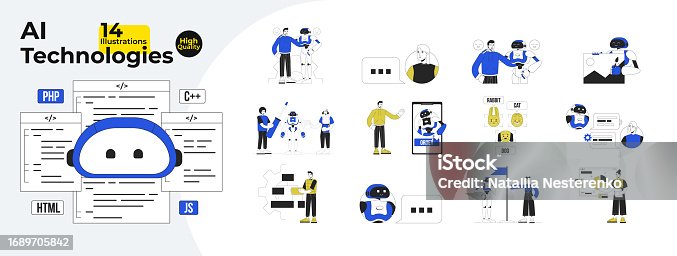 istock Robot and people interaction flat line concept vector spot illustrations bundle 1689705842