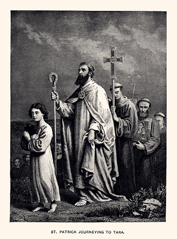 Saint Patrick Journeying to Tara to Convert the Irish, 5th Century Ad. Authentic 19th century engraving, produced without Artificial Intelligence (AI) . Digital restoration by pictore