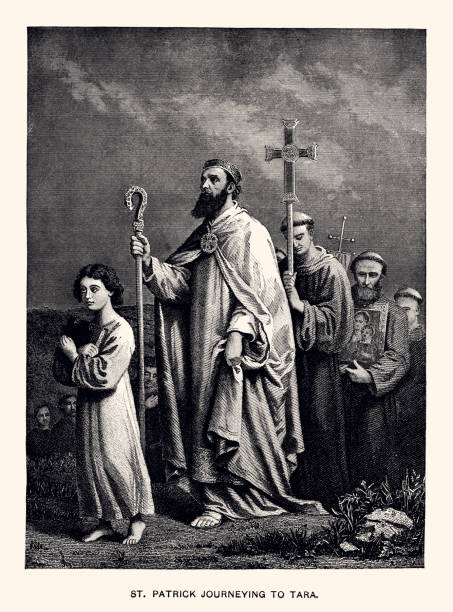 ST. PATRICK JOURNEYING TO TARA, IRELAND (XXXL with many details) Saint Patrick Journeying to Tara to Convert the Irish, 5th Century Ad. Authentic 19th century engraving, produced without Artificial Intelligence (AI) . Digital restoration by pictore black and white travel travel destinations monk stock illustrations