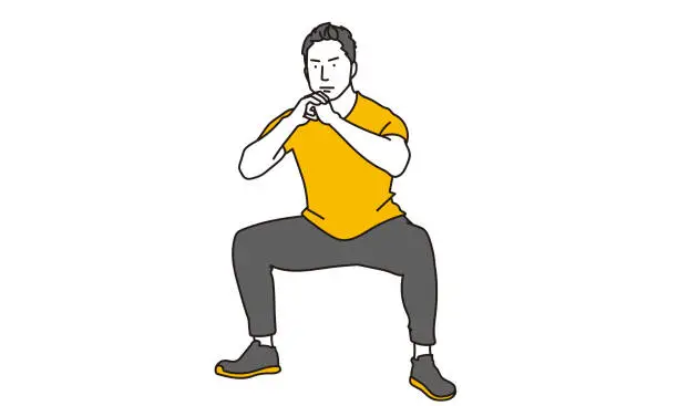 Vector illustration of Asian man doing squats with body makeup