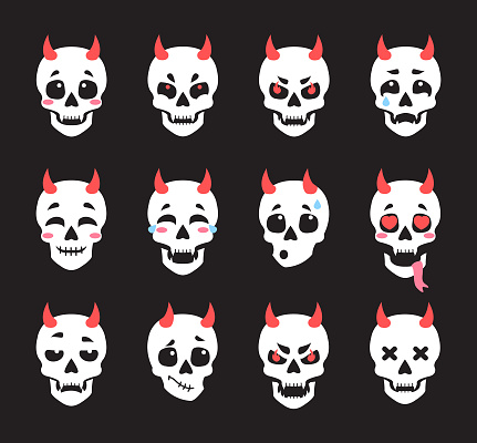 Set of emoticons of skulls with different emotions