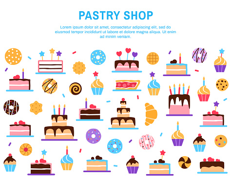 Pastry shop background with copy space for text. Colorful baked healthy dessert design. Food elements donut cake cupcake for cafe breakfast menu. Horizontal internet web page flat vector illustration.