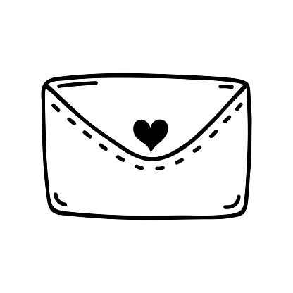 Envelope with heart stamp vector icon. Hand drawn doodle isolated on white. Closed love letter, secret romantic message. Mail for Valentine's Day, wedding, date. Cartoon clipart for print, posters