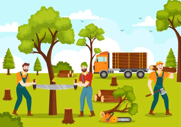 Vector illustration of Men Chopping Wood and Cutting Tree with Lumberjack Work Equipment Machinery or chainsaw in Flat Cartoon Background Templates Vector Illustration