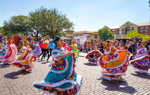 Fort Worth, Texas, USA - September 17, 2023: Mexican folkloric dance troupes from Texas at the National Hispanic Heritage Month Parade at Fort Worth Stockyards.