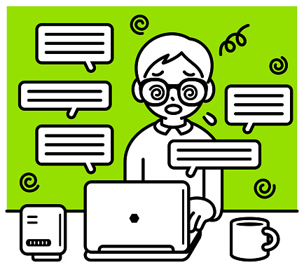 Minimalist Style Characters Designs Vector Art Illustration.
A studious boy with Horn-rimmed glasses sitting at a desk and using a laptop, chatting with an AI, minimalist style, black and white outline.
