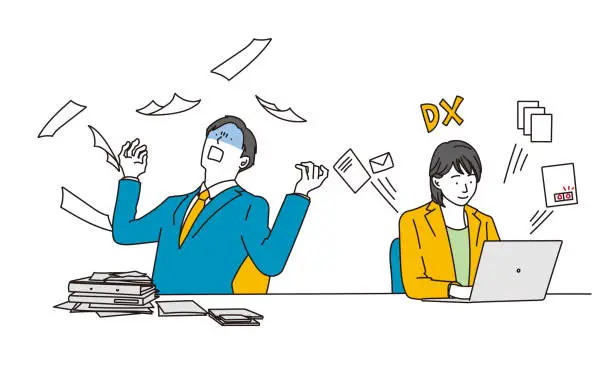 Vector illustration of Asian businessperson improving business through DX