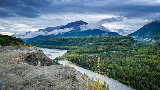 The Matansuka river and Chugach mountains in the interior of Alaska