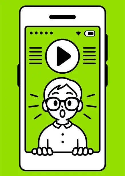 Vector illustration of A boy with Horn-rimmed glasses, looking out of a smartphone screen at the viewer, recommending courses to the audience, minimalist style, a black and white outline