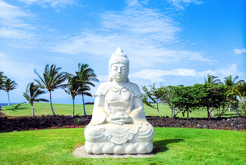 A large white Buddha statue against a clear blue sky in a Hawaii park.