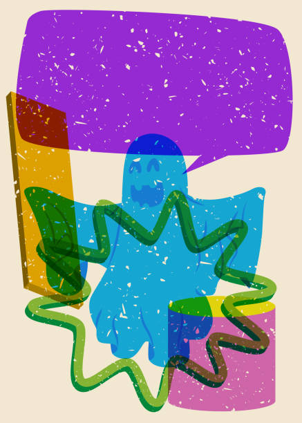 istock Risograph Halloween Ghost with Speech Bubble and geometric shapes. Holiday in trendy riso graph design. Spooky paranormal entity with abstract print texture style. 1689882717