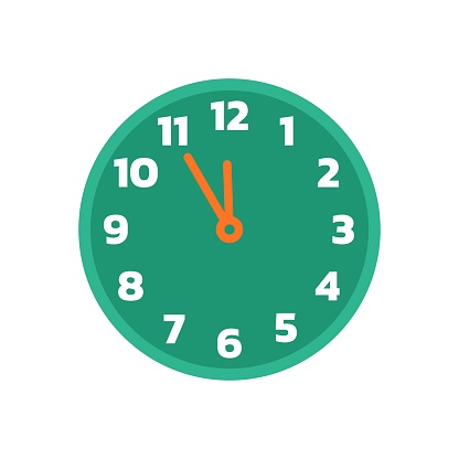 5 minutes to 24 o'clock or 12 on the round clock white background with clipping path, on lunch time