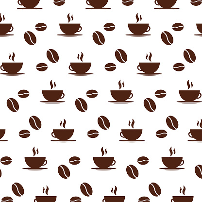 Seamless pattern coffee cups coffee beans icons vector art banner print design. Coffee time concept. International Coffee Day design poster