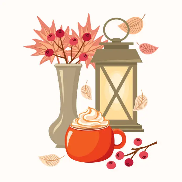 Vector illustration of drink with whipped cream in a red mug, garden lantern and maple leaves in a vase