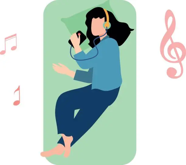 Vector illustration of The girl is sleeping listening to the song.