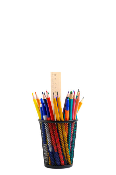 istock Organizer with pencils and ruler, stand for stationery form bucket white background. 1689993270