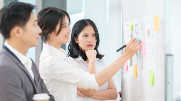 istock Motivated startup businesspeople brainstorming, developing business plan or strategy on whiteboard. 1689993409
