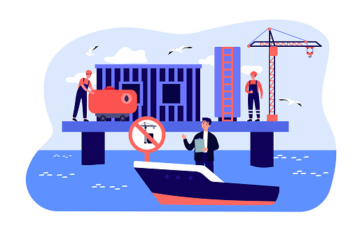 Man on boat prohibiting deep-sea mining vector illustration. Drawing of workers in uniform with equipment for mining metals and minerals from ocean. Deep sea mining, ecology, pollution concept