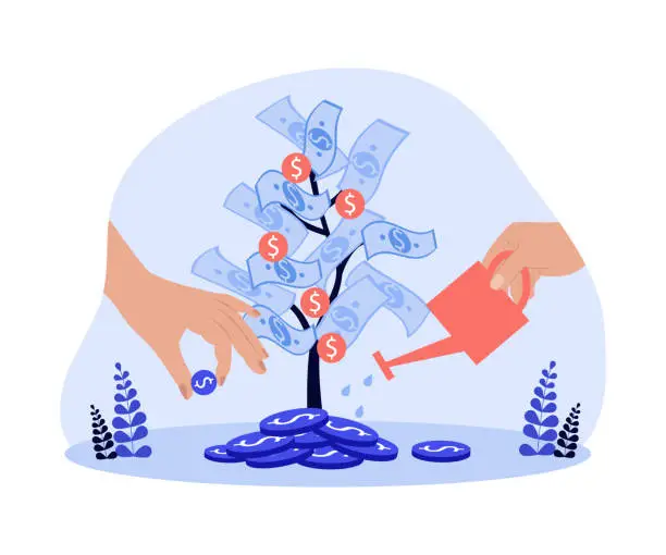 Vector illustration of Hands watering money tree vector illustration