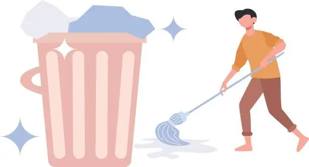 Vector illustration of The boy is sweeping the floor.