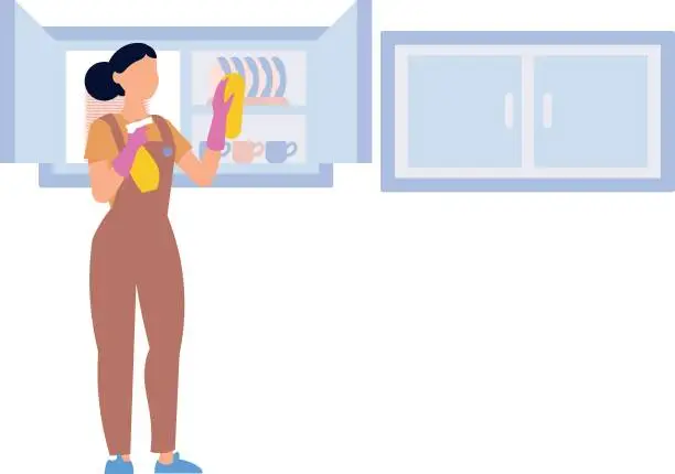 Vector illustration of The maid is cleaning the cupboards.