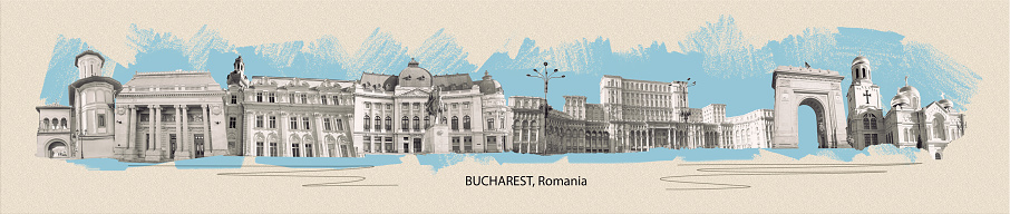 Bucharest skyline silhouette in colorful geometric style. Symbol for your design. Collage