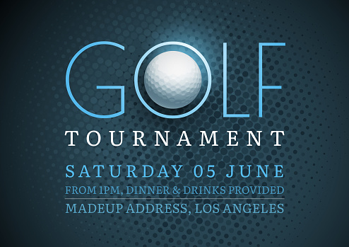 Poster for a golf competition with a glowing blue golf ball and textured pattern on dark background