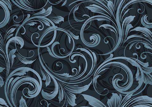Dark blue gray ornate seamless floral motif vector pattern wallpaper vector illustration background for use on wedding, anniversary, birthday celebration invitations etc