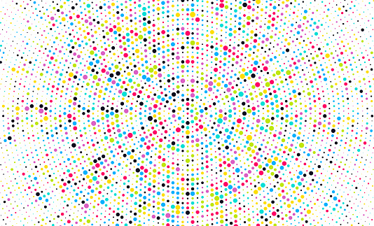 Rainbow colored half tone vector dots textured radial gradient pattern on white background