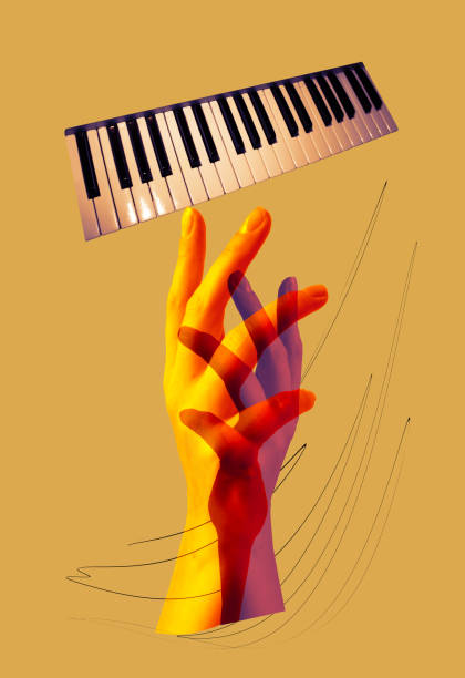 istock Hands play the piano. Composition with black and white piano keys, synthesizer isolated on light background. Conceptual, contemporary art collage. 1689999258