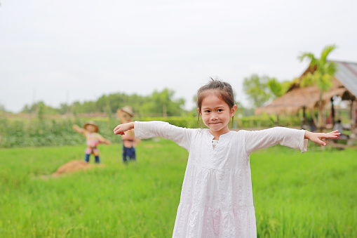 Cute little Asian girl Stretch arms at the fresh green paddy fields.