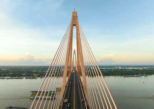 Aerial photo of Rach Mieu cable-stayed bridge in early morning, Tien Giang province