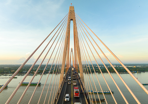 Aerial photo of Rach Mieu cable-stayed bridge in early morning, Tien Giang province