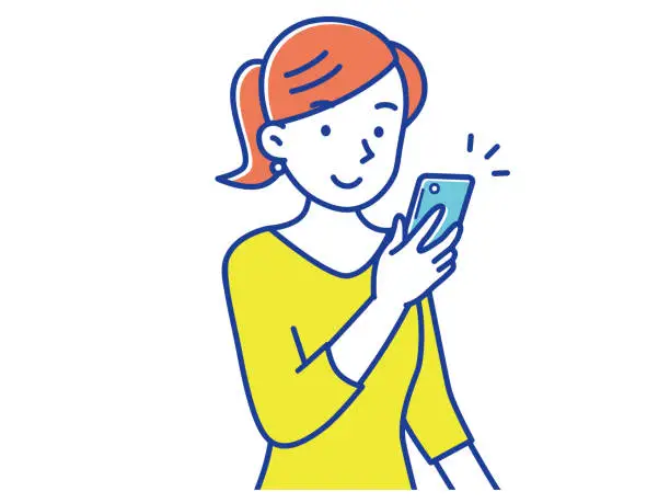 Vector illustration of Young woman with ponytail looking at smartphone screen